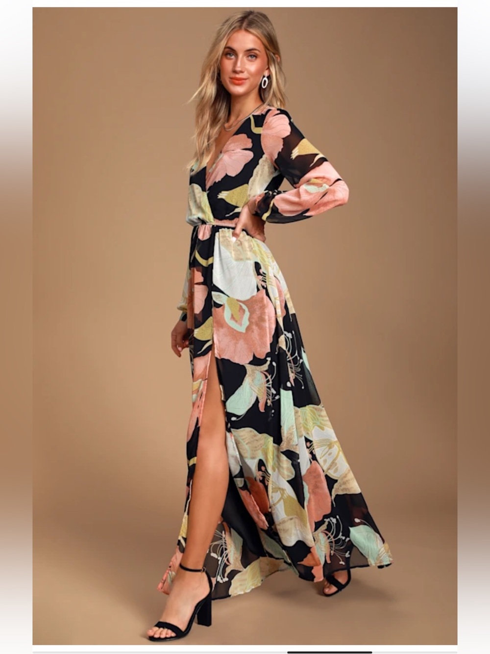 Lulus Wondrous Water Lilies Black Floral Print Maxi Dress (M) - Picture 4 of 6